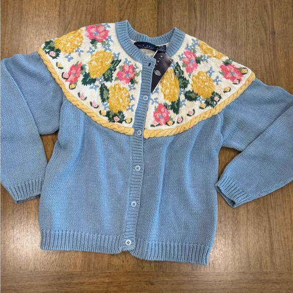 Eagle’s Eye Sweaters - Vintage BIRCH BROS chunky cottage Floral Knit Cardigan - Blue and Yellow
